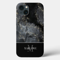 Monogram Black Gold Glitter Abstract Ink Art