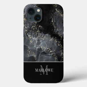 Monogram Black Gold Glitter Abstract Ink Art iPhone 13 Case
