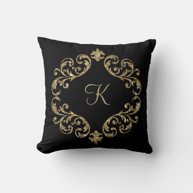 Monogram Black Gold Glitter Damask Flourish Swirl Cushion (Front)