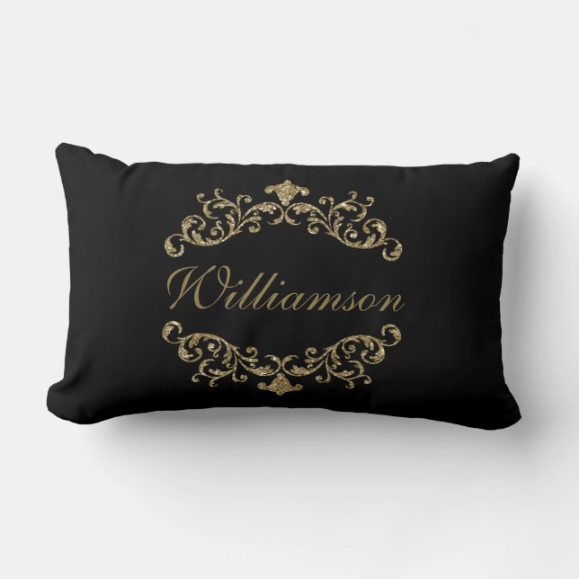 Monogram Black Gold Glitter Flourish Damask Ornate Lumbar Cushion (Front)