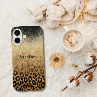 Monogram Black Gold Glitter Leopard Print iPhone 16 Case