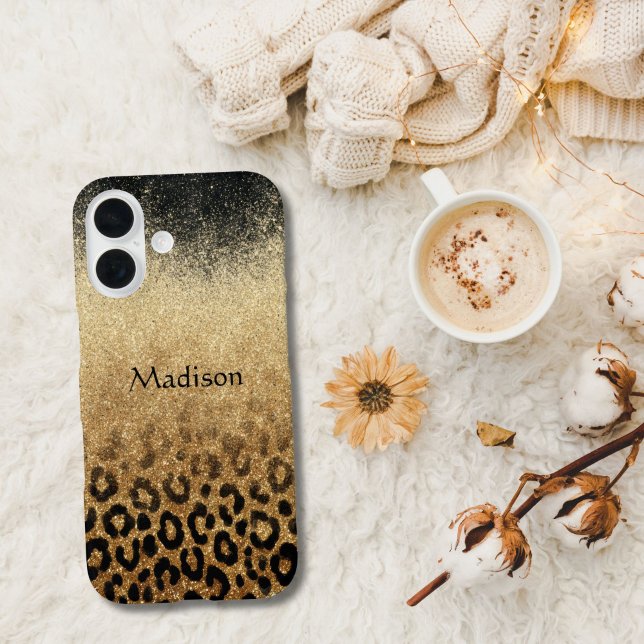 Monogram Black Gold Glitter Leopard Print Case-Mate iPhone Case (Black Gold Glitter iPhone case monogrammed with name or initials. Available in all current sizes)