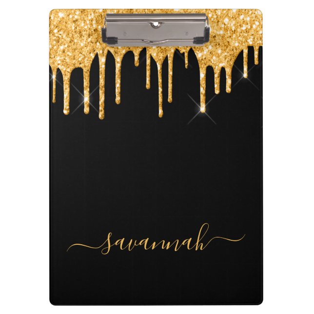 Monogram black gold glitter modern script name clipboard (Front)