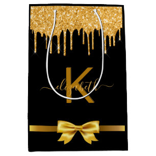 Monogram black gold glitter thank you favour medium gift bag