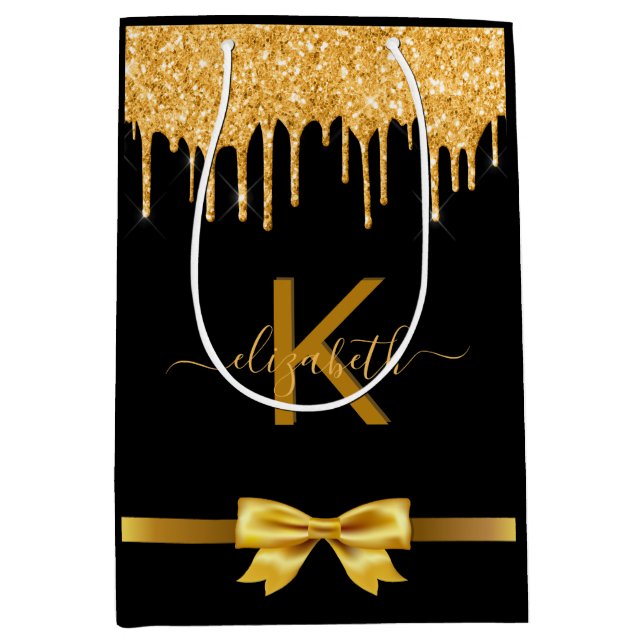 Monogram black gold glitter thank you favour medium gift bag (Front)