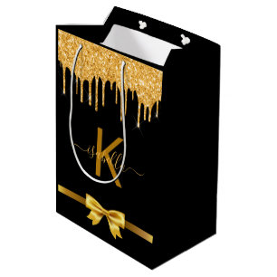 Monogram black gold glitter thank you favour medium gift bag