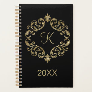 Monogram Black Gold Glitter Trendy Chic Stylish Planner