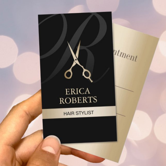 Monogram Black & Gold Hair Stylist Appointment Card (Creator Uploaded)
