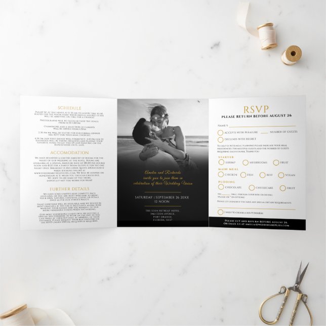 Monogram black gold leaf wedding meal option RSVP  Tri-Fold Invitation (Inside)