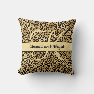Monogram Black Gold Leopard Print Cheetah Animal Cushion