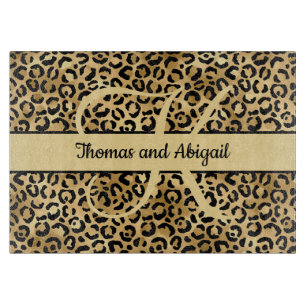 Monogram Black Gold Leopard Print Cheetah Animal Cutting Board