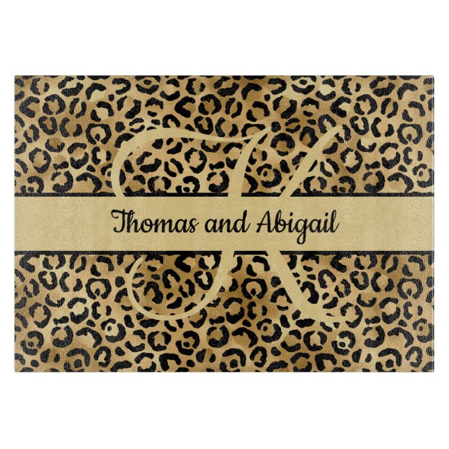 Monogram Black Gold Leopard Print Cheetah Animal Cutting Board (Front)