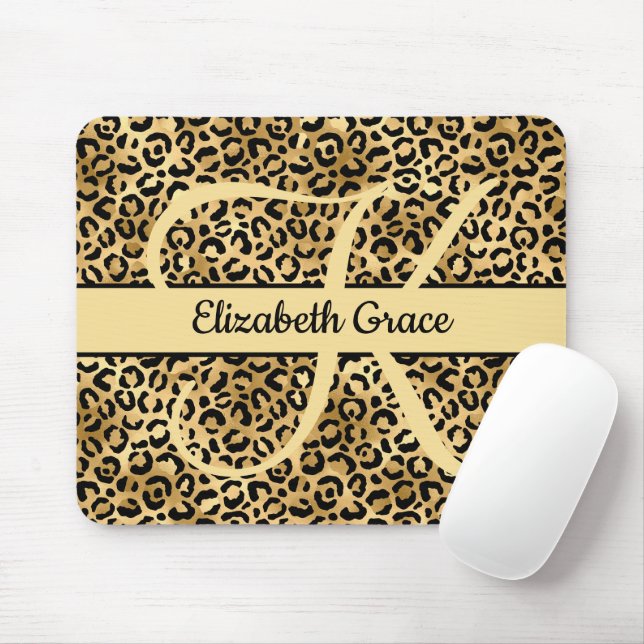 Monogram Black Gold Leopard Print Cheetah Animal Mouse Mat (With Mouse)