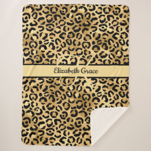 Monogram Black Gold Leopard Print Cheetah Animal Sherpa Blanket