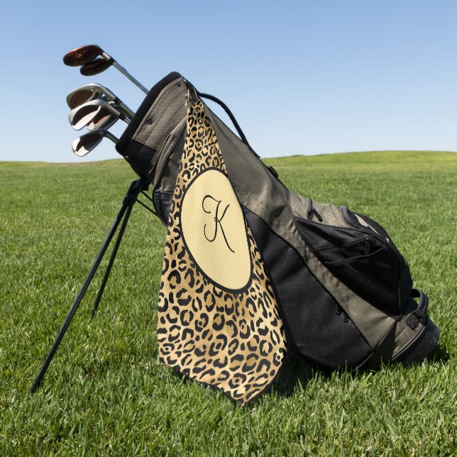 Monogram Black Gold Leopard Print Cheetah Print Golf Towel (Green)