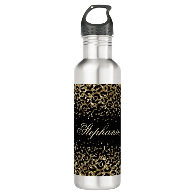 Monogram Black Gold Leopard Print Glitter Overlay 710 Ml Water Bottle (Front)
