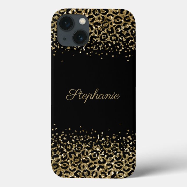 Monogram Black Gold Leopard Print Glitter Overlay Case-Mate iPhone Case (Back)