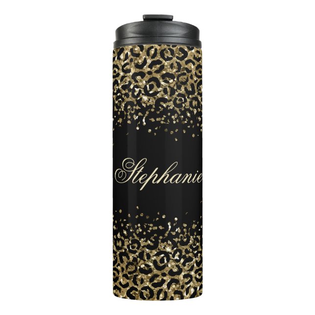 Monogram Black Gold Leopard Print Glitter Overlay  Thermal Tumbler (Front)