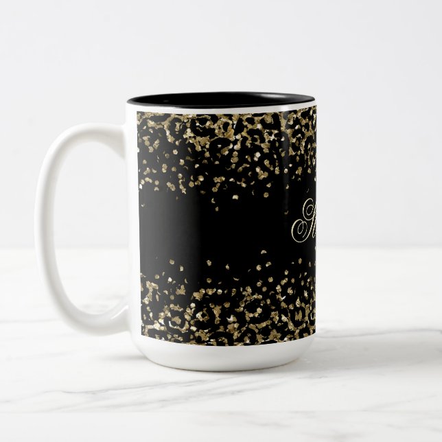 Monogram Black Gold Leopard Print Glitter Overlay Two-Tone Coffee Mug (Left)