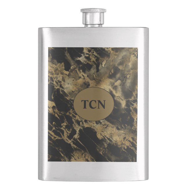 Monogram Black Gold Marble Agate Groomsman gift Hip Flask (Front)