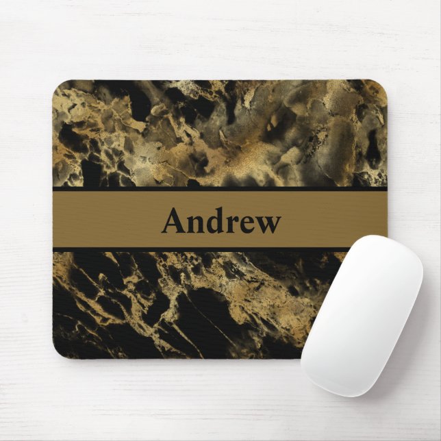 Monogram Black Gold Marble Agate Modern Trendy Mouse Mat (With Mouse)