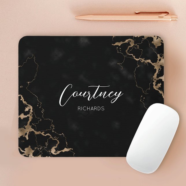 Monogram Black & Gold Marble Elegant Font Name Mouse Mat (Black marble and gold glitter personalized mouse pad with your name or brand logo)