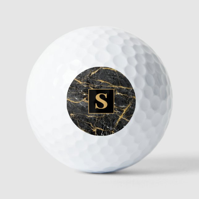 Monogram Black Gold Marble Golf Balls (Front)