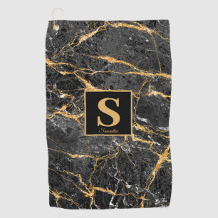 Monogram Black Gold Marble Name Golf Towel