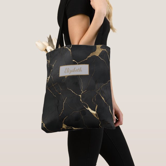 Monogram Black Gold Marble Swirl Bridesmaid Tote Bag (Close Up)