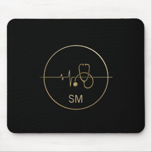 Monogram Black Gold Medical Stethoscope Heartbeat Mouse Mat