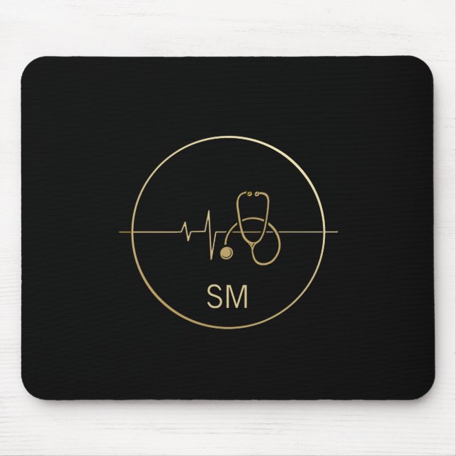 Monogram Black Gold Medical Stethoscope Heartbeat Mouse Mat (Front)