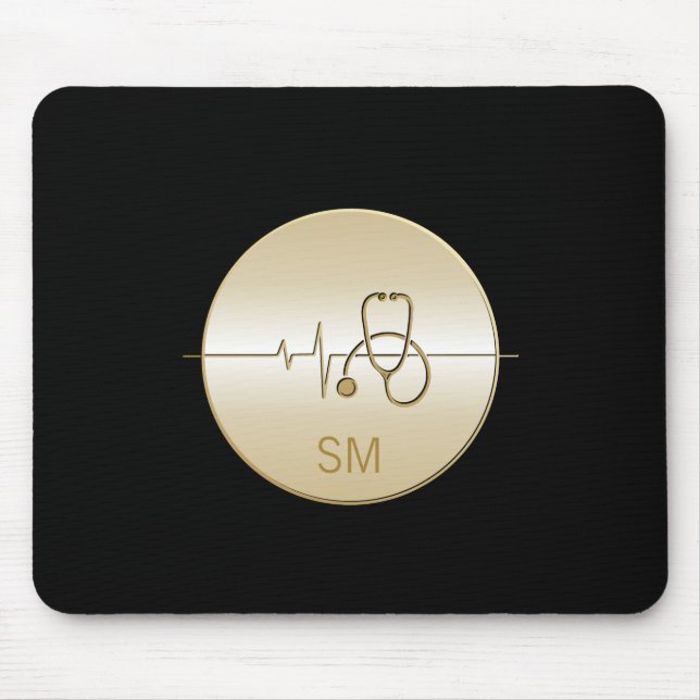 Monogram Black Gold Medical Stethoscope Heartbeat Mouse Mat (Front)