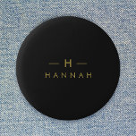 Monogram Black Gold | Modern Minimalist Elegant 6 Cm Round Badge<br><div class="desc">A simple stylish custom monogram design in a gold modern minimalist typography on an off black background. The monogram initials and name can easily be personalised along with the feature line to make a design as unique as you are! The perfect bespoke gift or accessory for any occasion.</div>