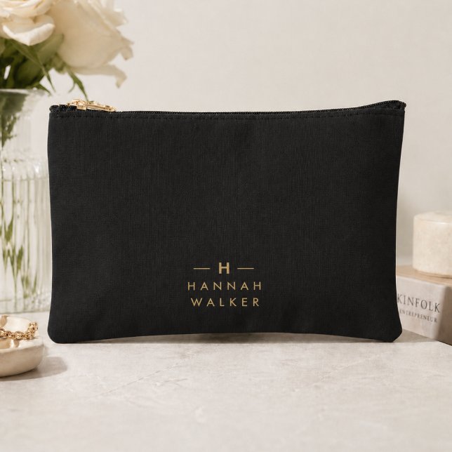 Monogram Black Gold | Modern Minimalist Elegant Accessory Pouch (Creator Uploaded)