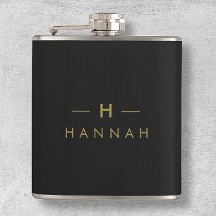 Monogram Black Gold Modern Minimalist Elegant Hip Flask