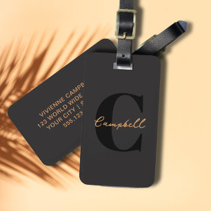 Monogram Black Gold Modern Minimalist Elegant Luggage Tag