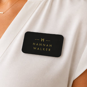 Monogram Black Gold   Modern Minimalist Elegant Name Tag