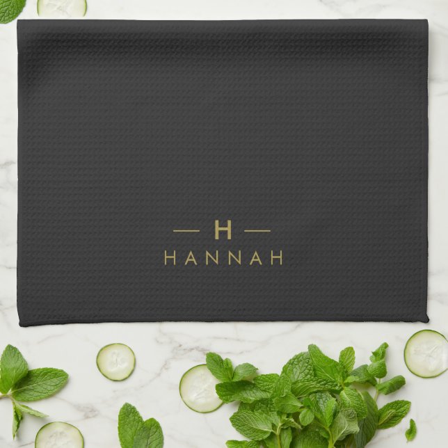 Monogram Black Gold | Modern Minimalist Elegant Tea Towel (Folded)