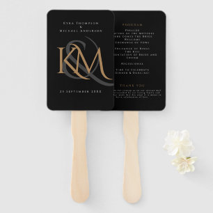Monogram Black Gold Modern Simple Wedding Program Hand Fan