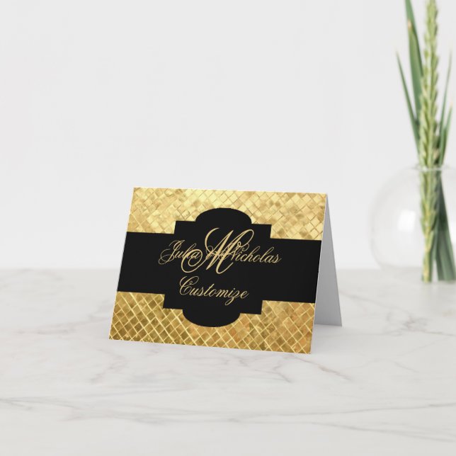 Monogram Black & Gold Mosaic Tiles Note Card (Front)
