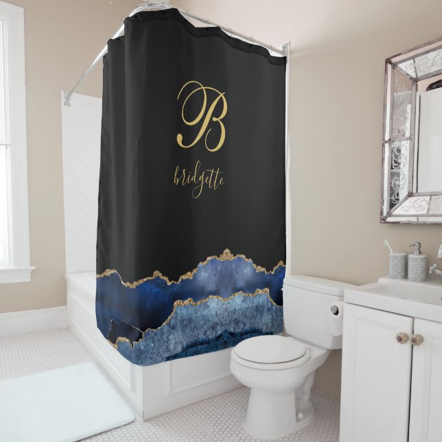 Monogram Black Gold Navy Agate Geode Shower Curtain (In Situ)