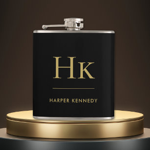Monogram Black Gold Personalized  Hip Flask