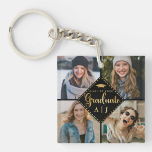 Monogram Black Gold Photo Collage Graduation Key Ring