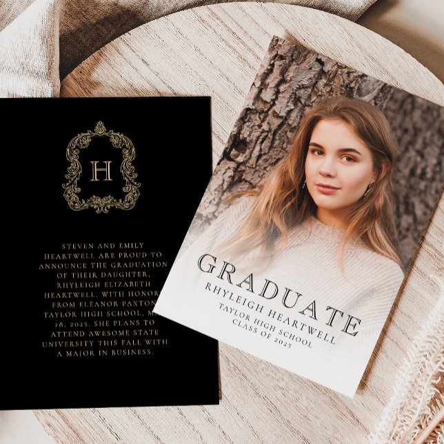 Monogram Black Gold Photo Grad Announcement (Creator Uploaded)