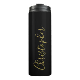 Monogram Black Gold Script Name Minimalist Men Thermal Tumbler