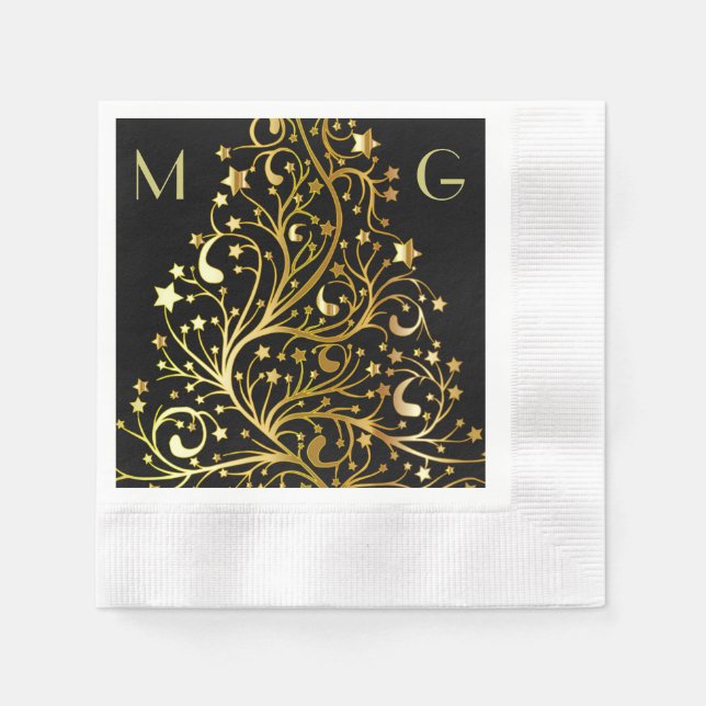 Monogram Black Gold Shiny Chic Decorative Stars Napkin (Front)
