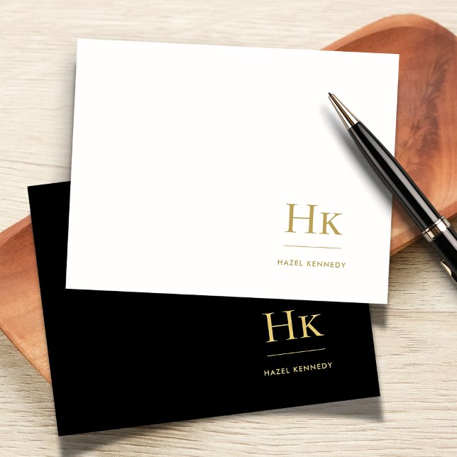 Monogram Black Gold Simple Elegant Social Notecard (Creator Uploaded)