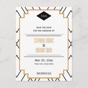 Monogram Black, Gold, White Art Deco Save the Date Announcement Postcard