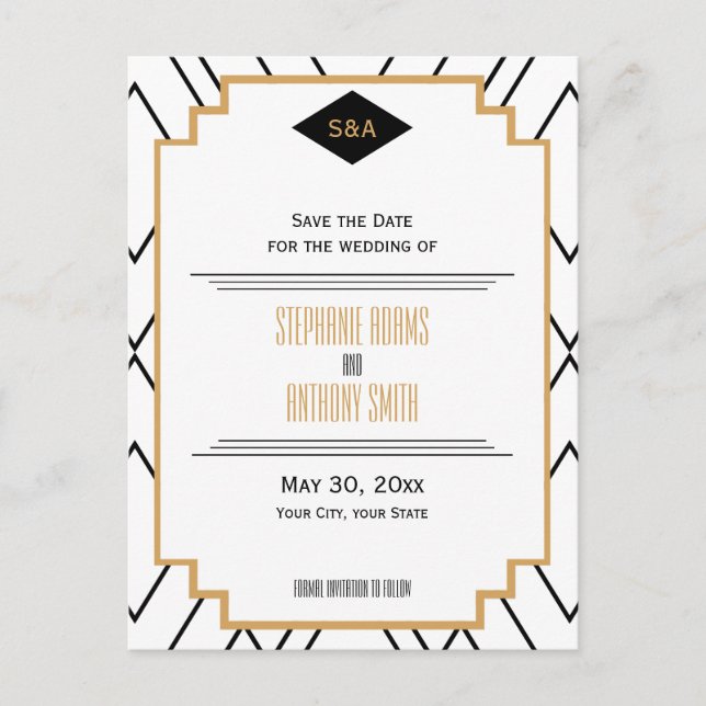 Monogram Black, Gold, White Art Deco Save the Date Announcement Postcard (Front)