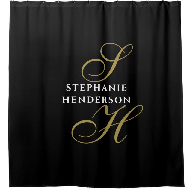 Monogram Black Gold White Minimalist Elegant Chic  Shower Curtain (Front)